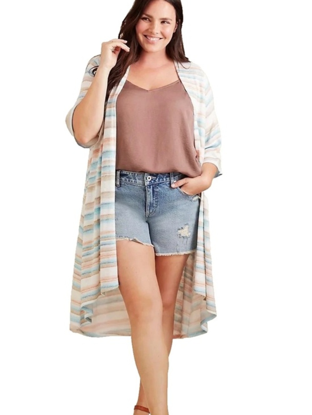 Torrid Multi-stripe Hacci Hi-Low Duster Cardigan Kimono 2X knit coastal beachy